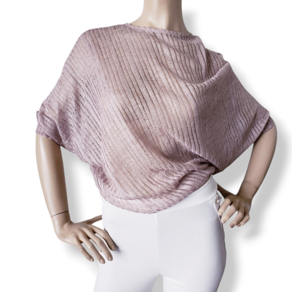Just Me Beige & Silver Threaded Sheer Assymetrical Dolman Sleeve Blouse
